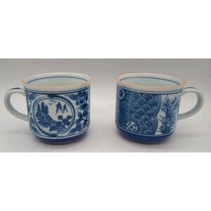 Japanese Imari Mugs Blue & White Floral Landscape Boat Scales